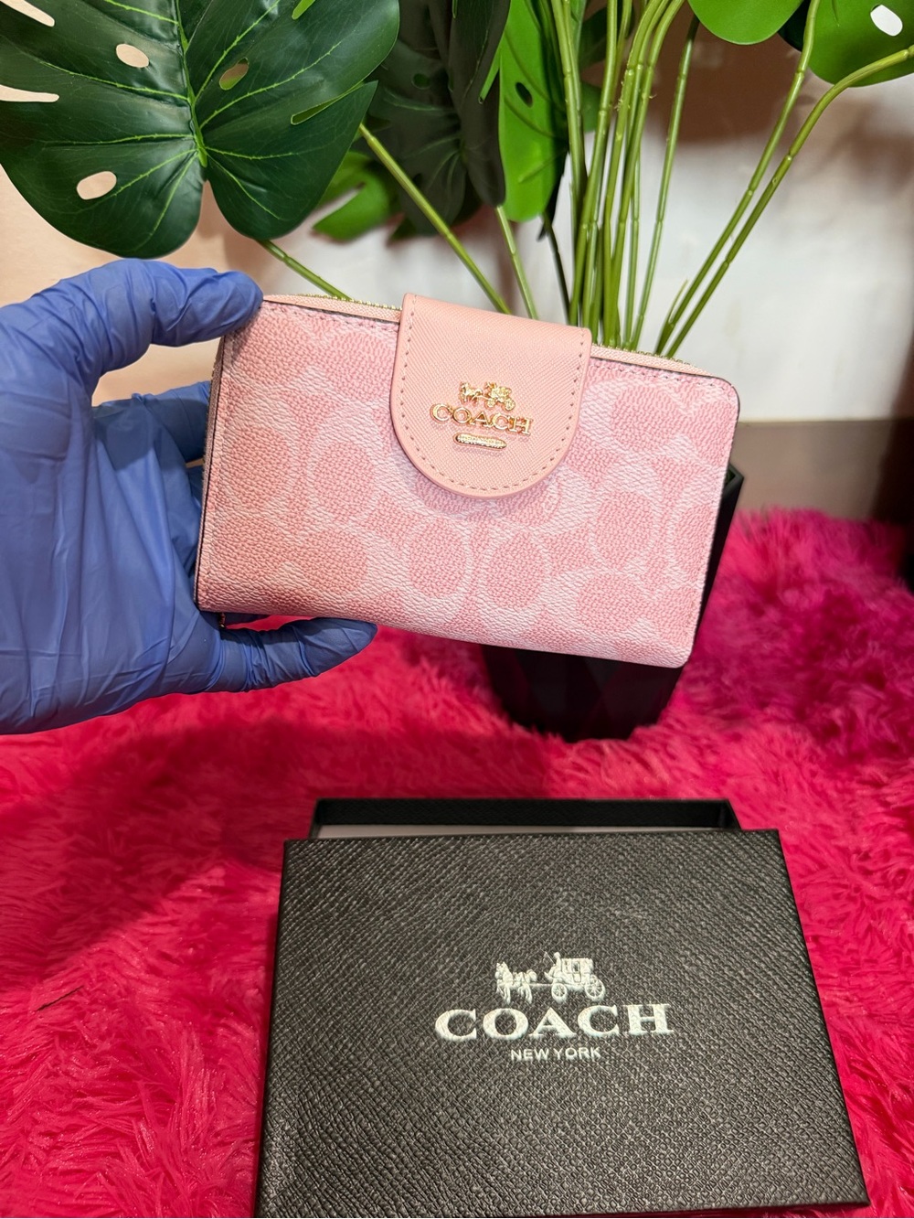 Coach Pink Signature Compact Snap Wallet with Gold Logo